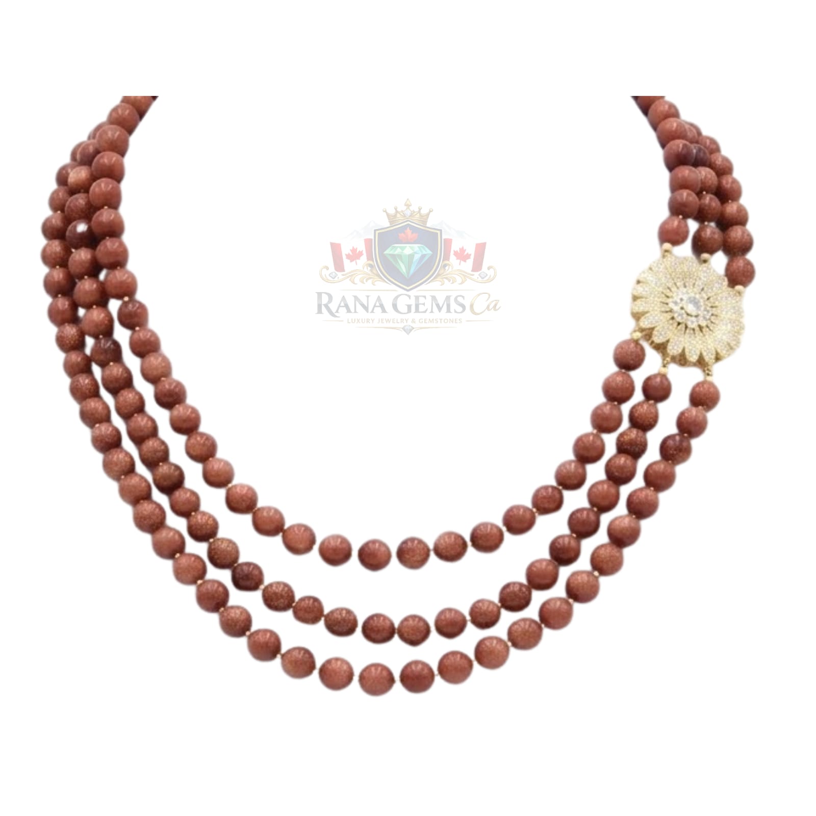 Three Line Goldstone Necklace with Side Pendant and FREE Earrings